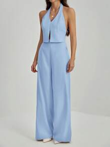 SHEIN Tall 办公室女士V领露背无袖上衣+阔腿裤修身加长套装 - 淺藍色 - 查看 7