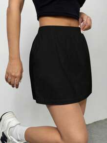 SHEIN EZwear 大码夏季休闲纯色A字裙 - 黑色 - 查看 5