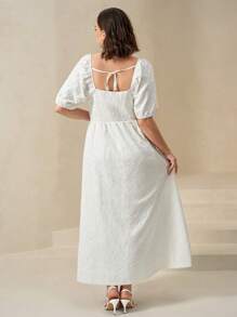 Chikora Robe d'été femme grande taille en maille avec broderie, col carré, dos nu, manches courtes. Robe blanche d'été décontractée pour femme. Vêtements d'été pour anniversaire, travail, remise de diplôme, mariage, vacances, festival - Blanc - Voir 2