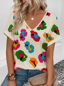 SHEIN VCAY Women's Casual V-Neck Short Sleeve Flower Printed T-Shirt With Cuff Detail - Multicolor - View 1