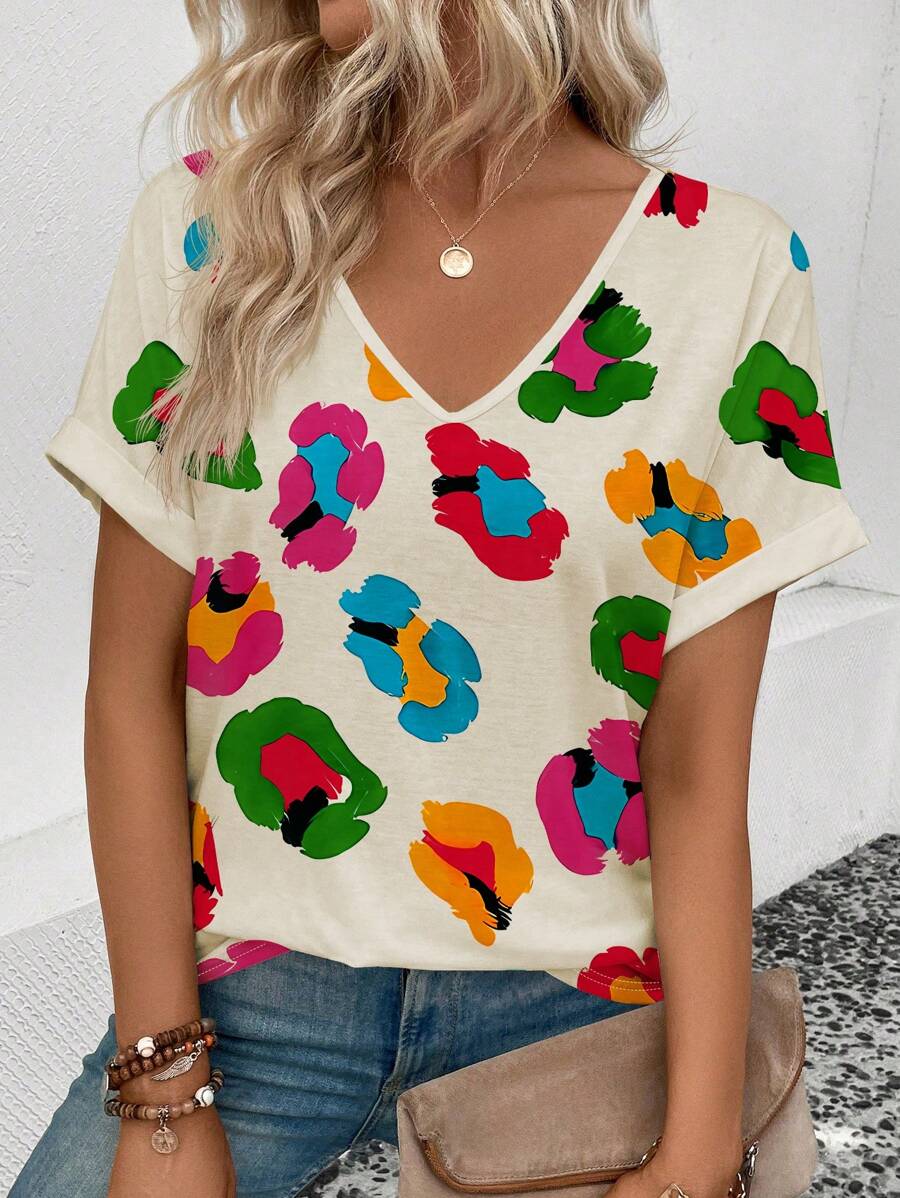 SHEIN VCAY Women's Casual V-Neck Short Sleeve Flower Printed T-Shirt With Cuff Detail - Multicolor - View 1