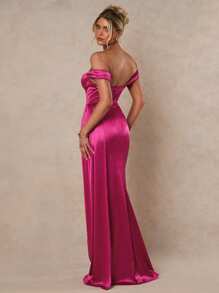 Glamine Vestido de dama de honor de satén de cintura alta con estilo de copa de pecho fruncido y abertura alta en el hombro de unicolor para adultos, vestidos de cena para mujeres, vestidos de invitada de boda, vestidos elegantes para mujeres, vestidos para fiestas de mujeres - Rosa Fucsia - Ver 2
