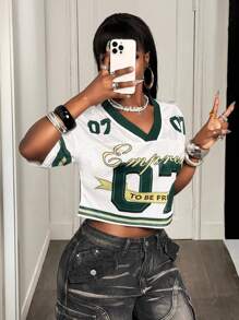 BamGleam 女士休闲宽松数字和字母印花短款 T 恤，运动和街头风格，夏季 - 彩色 - 查看 5