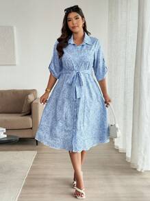 Calvaya Robe-chemise rayée pour femmes grandes tailles, col boutonné, taille auto-nouée, manches courtes, tenue décontractée d'été, décontracté chic - Bleu azur - Voir 7