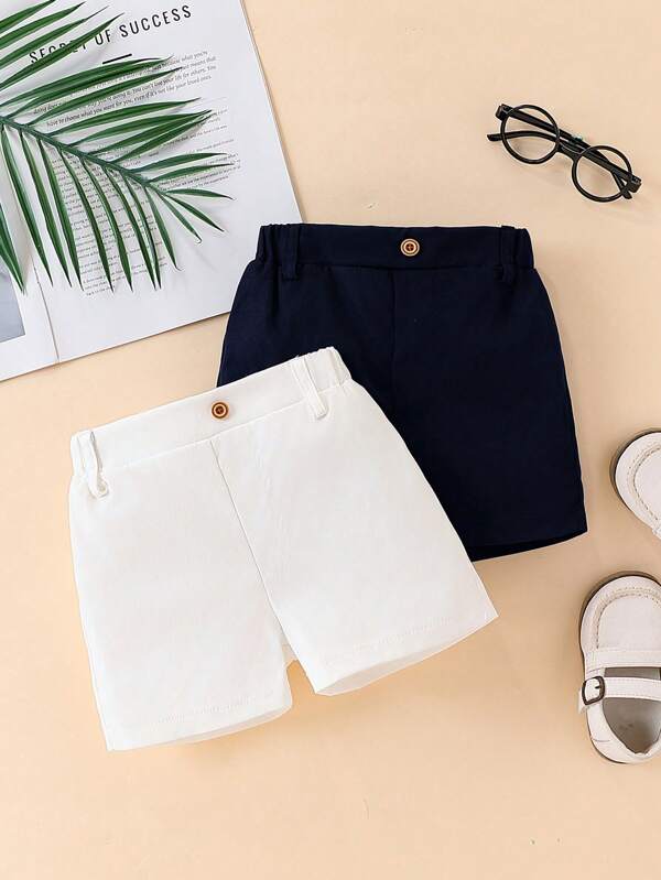 Souflis Souflis 2 piezas Pantalones cortos informales para bebés y niños pequeños de estilo minimalista de caballero con unicolor y decoración de botón retro, adecuados para uso diario, fiestas, escuela, vacaciones, primavera/verano