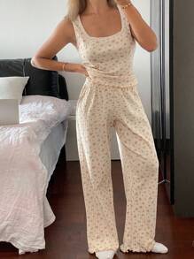 Livesso Set de 2 piezas de pijama para mujer con estampado floral disperso en todo