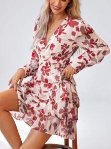 Aveloria Floral Print Ruffle Hem Long Sleeve Dress Vacation Outfits Woman  Boho Beach Fashionable Style All Over Print - Baby Pink - View 5