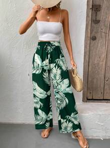 SHEIN Frenchy Tropical Print Straight-Leg Casual Pants For Vacation,Bohemian Clothes Winter Green Christmas Spring - Dark Green - View 4