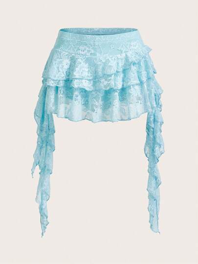 SHEIN ICON Vacation Chic Casual White Lace Ruffle Hem Mini Skirt With Safety Shorts, Anti-Exposure,Club Outfits Women Sexy