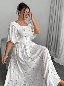 Modelyn 女式加大码束腰 A 字形植物印花抽绳连衣裙 - 彩色 - 查看 5