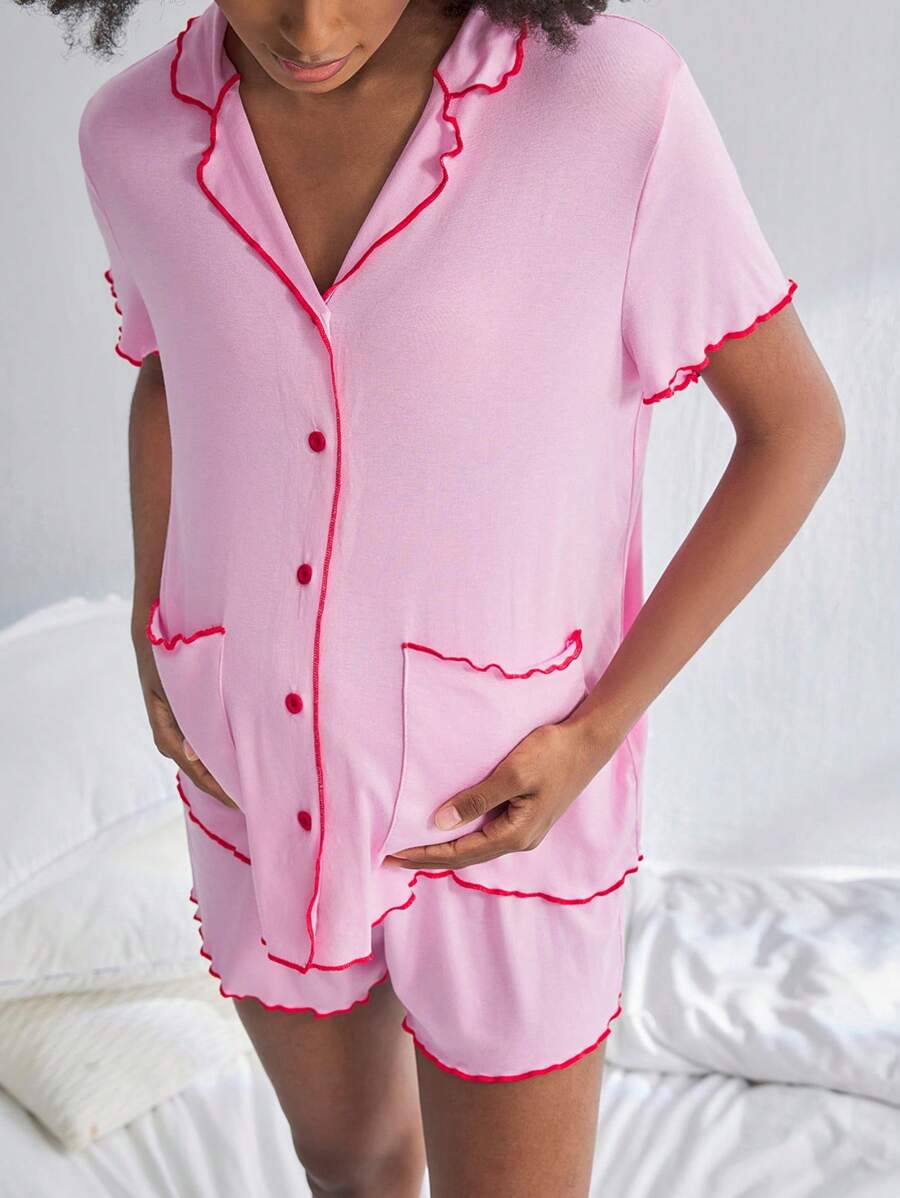 BloomMama 孕妇短袖哺乳睡衣套装两件装，带纽扣，家居服时尚睡衣 - 粉色 - 查看 1