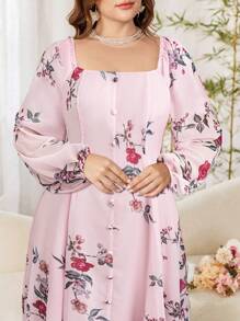 Modelyn 大码女式方领灯笼袖系带喇叭雪纺花卉印花优雅度假连衣裙 - 彩色 - 查看 6