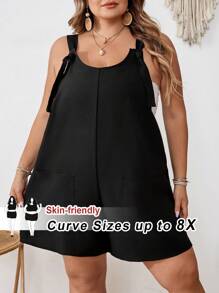 SHEIN CURVE+ 大码女式无袖前袋系带装饰宽腿宽松连体裤（不含胸罩），夏季假日服装，女士度假服装 女士沙滩服装/沙滩裙/沙滩度假服装/沙滩必需品/毕业/茶会礼服 夏季/乡村/海滩度假服装/沙滩服装/沙滩装 - 黑色 - 查看 9
