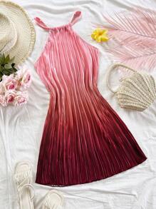 Soleia 女士休闲露背修身渐变色褶皱迷你连衣裙，适合派对、度假、音乐节、节日约会、下午茶、海滩、游轮 - 紅色 - 查看 5