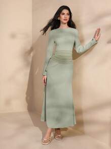 Graceveil Crew Neck Chiffon Patchwork Fitted Ruffled Hem Dress For Women Fall Cloth For Women - Green - View 6