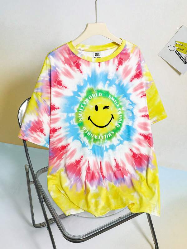SmileyWorld® | SHEIN Plus Size Tie-Dye & Smiling Face Pattern Round Neck Short Sleeve Colorful T-Shirt, Summer Cute Tops, Classic Casual Tee, Rave Festival Country Concert Top