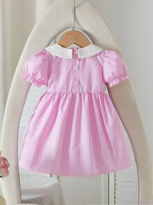 Souflis Souflis 女婴夏季可爱经典针织条纹连衣裙，白色彼得潘领拼色，正面褶皱设计，精致 3D 蝴蝶结装饰，适合休闲、度假、户外穿着 - 粉色 - 查看 5