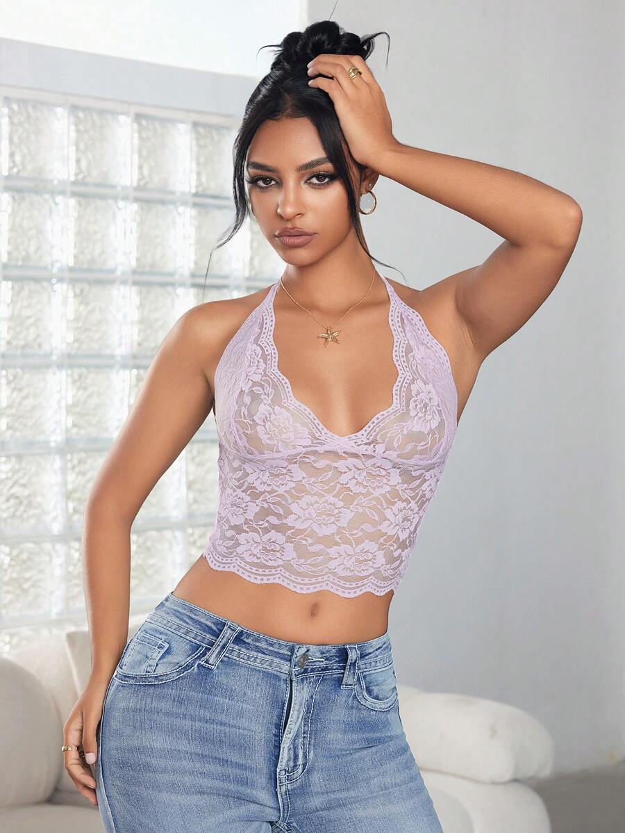 SHEIN ICON Lace Sexy Versatile Halter Neck Camisole Top, Spring/Summer - Purple - View 1