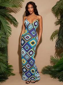 Radiana Spring/Summer Music Rock Festival Street Casual Western Wear Outfit Bohemia BOHO VACAY Color Imitation Crochet Print High Stretch Knit Halters Long Slim-Fit Dress Multicolor Maxi Dress Bodycon Maxi Dress Long Vacation Dress Granny Square Dress,Boho Clothes Women