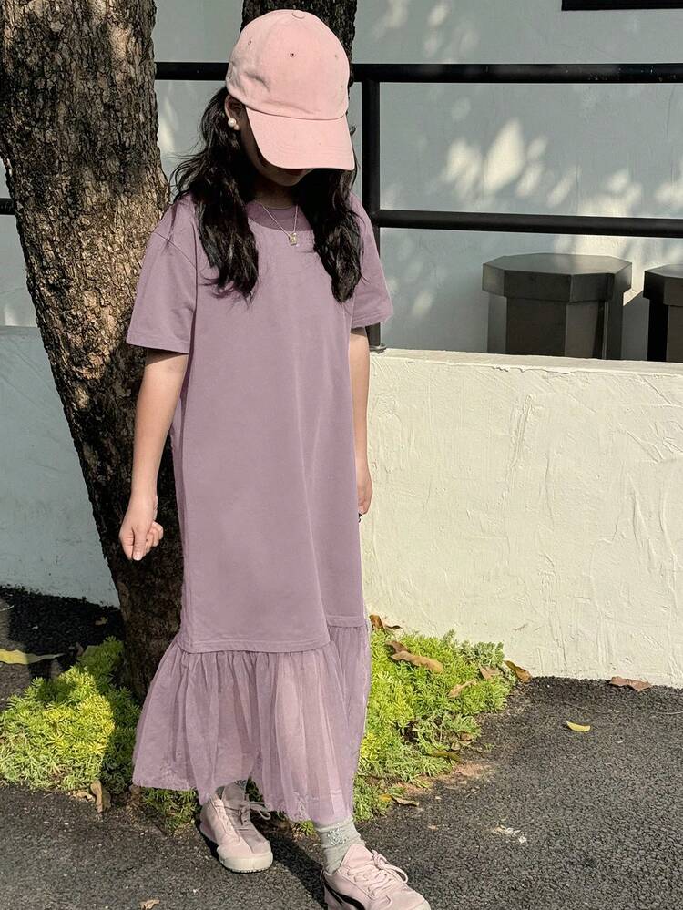 Tween Girls Round Neck Patchwork Net Yarn Short Sleeve Dress, Summer