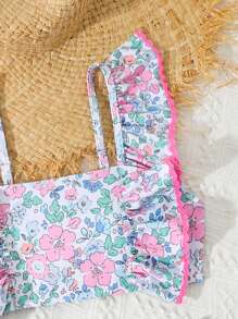 Conjunto de tankini y bikini con escote cuadrado, volantes y estampado floral para niñas preadolescentes - Rosa - Ver 5