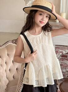 DAZY 青少年女孩无袖纯色圆领时尚衬衫，适合夏季 - 杏色 - 查看 5