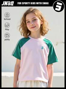 JNSQ Camiseta de manga corta casual y deportiva para niña de verano, Top casual y deportiva de cuello redondo con bloques de color para niños