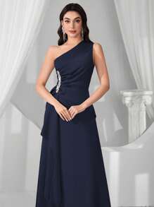 Coutiva 新款女士时尚优雅修身不对称领口无袖连衣裙、正式、派对礼服、晚礼服、婚礼宾客礼服 - 藏蓝色 - 查看 6