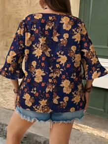 EMERY ROSE Cămașă de damă cu decolteu în V, lejeră, casual, imprimată, cu garnitură din dantelă, top versatil pentru naveta și timpul liber - Albastru - Vizualizare 2