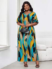 SHEIN Lady CURVE Vestido Túnica de Verão e Primavera Casual Modesto Colorido Tecido com Decote em V e Manga Curta para Mulheres Plus Size