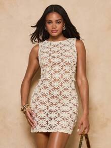 SHEIN BAE Women's Sexy Sheer Sleeveless Mini Vacation Dress, Summer - Beige - View 5