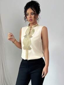 Rafferiza 女士优雅V领刺绣蕾丝拼布衬衫 - 彩色 - 查看 7