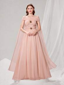 Poshira Vestido elegante de mujer de unicolor con hombros descubiertos y ajustado para la noche - Rosa - Ver 6