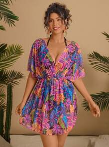 Travachic Plus Size Women's Tropical Plant & Floral Print V-Neck Loose Beach Swimsuit Cover Up, Casual And Suitable For Beach, Sunscreen, Country Concert Outfit