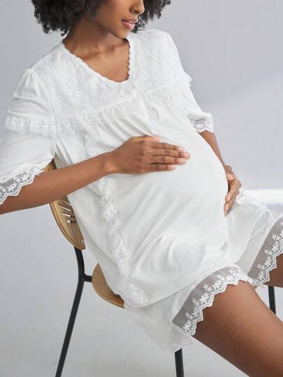 BloomMama Maternity Short Sleeve Nursing Pajama Set 2 Packs Summer Clothes With Lace&Button,Lounge Set Fashion Sleepwear