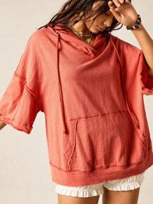 Easelle Áo thun hoodie cỡ lớn màu đỏ, viền tua rua, thường ngày dành cho nữ, mùa xuân/hè - Đỏ - Xem 2