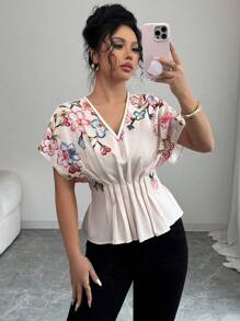 Chiquease Women's V-Neck Raglan Sleeve Shirred Waist Blouse - Apricot - View 1