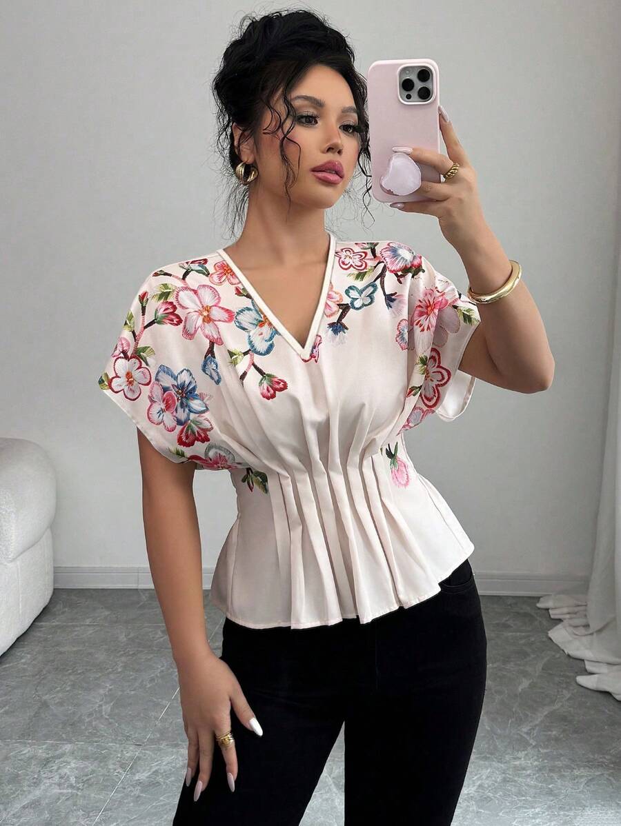 Chiquease Women's V-Neck Raglan Sleeve Shirred Waist Blouse - Apricot - View 1