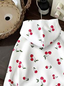 SHEIN EZwear 女士休闲可爱百搭全印花樱桃图案连帽衫，适合春假、度假和沙滩装 - 彩色 - 查看 4
