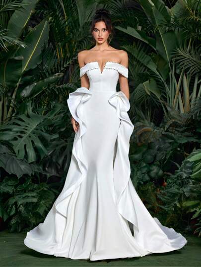 Glamrae Elegant White Knit Off-Shoulder Luxurious Pearl Decor V-Neck Bodycon Fishtail Backless Adjustable Tie Back Detachable Bow Heavy Embroidery Bridal Wedding Dress, Bride