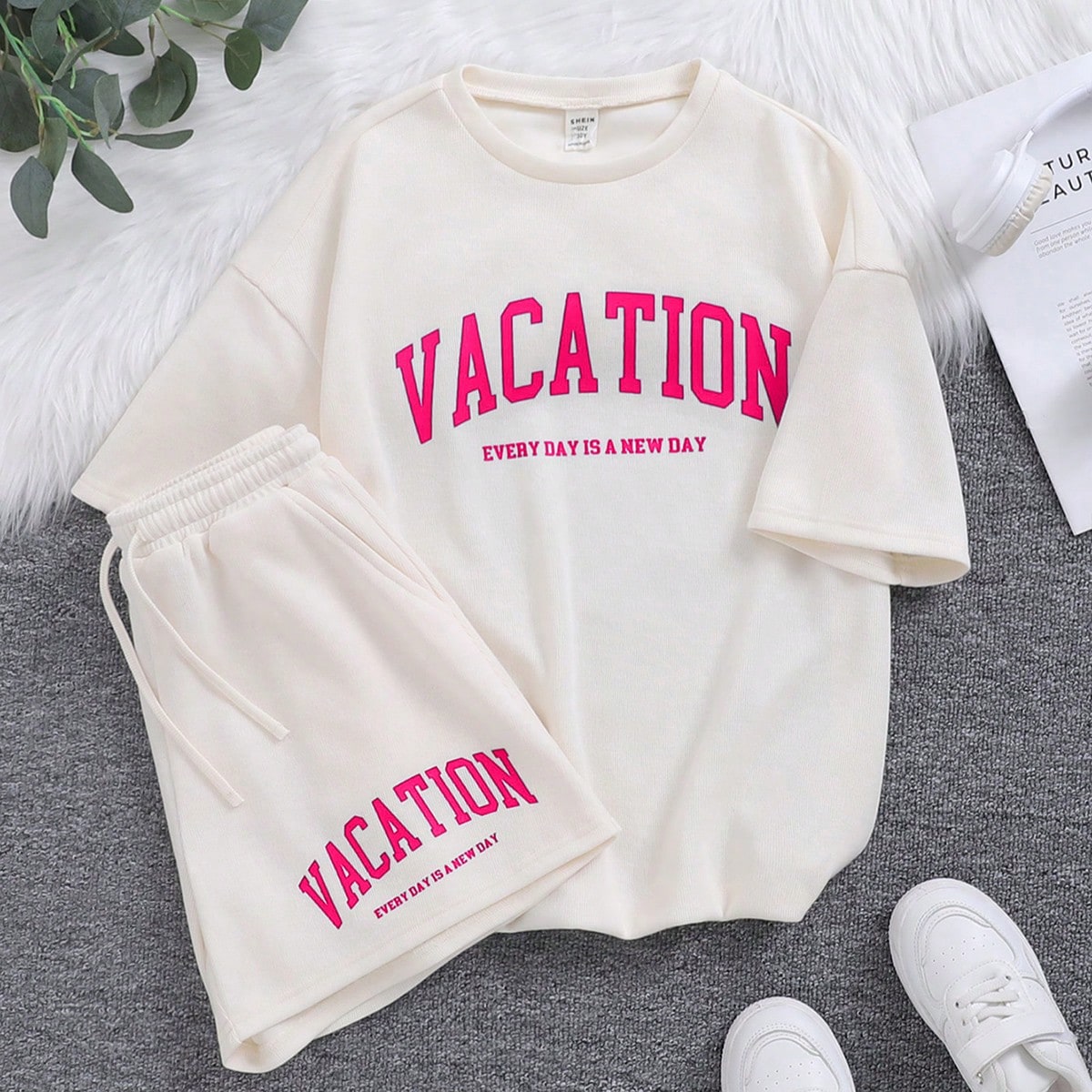 Conjunto informal de 2 piezas de niña preadolescente con camiseta de manga corta con estampado de letras de punto y pantalones cortos para vacaciones