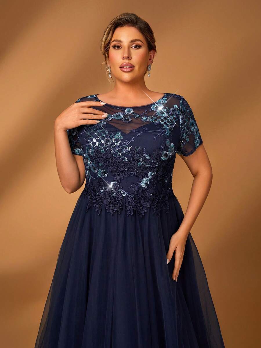 Serin Elegantes, romantisches und glamouröses Swing-Kleid in Große Größen mit Pailletten-Stickerei und Mesh-Einsätzen, geeignet für Hochzeitsveranstaltungen, Junggesellinnenabschiede, Dates, Urlaub, Tanzfestivals, Braut und Mutter, Abendkleid