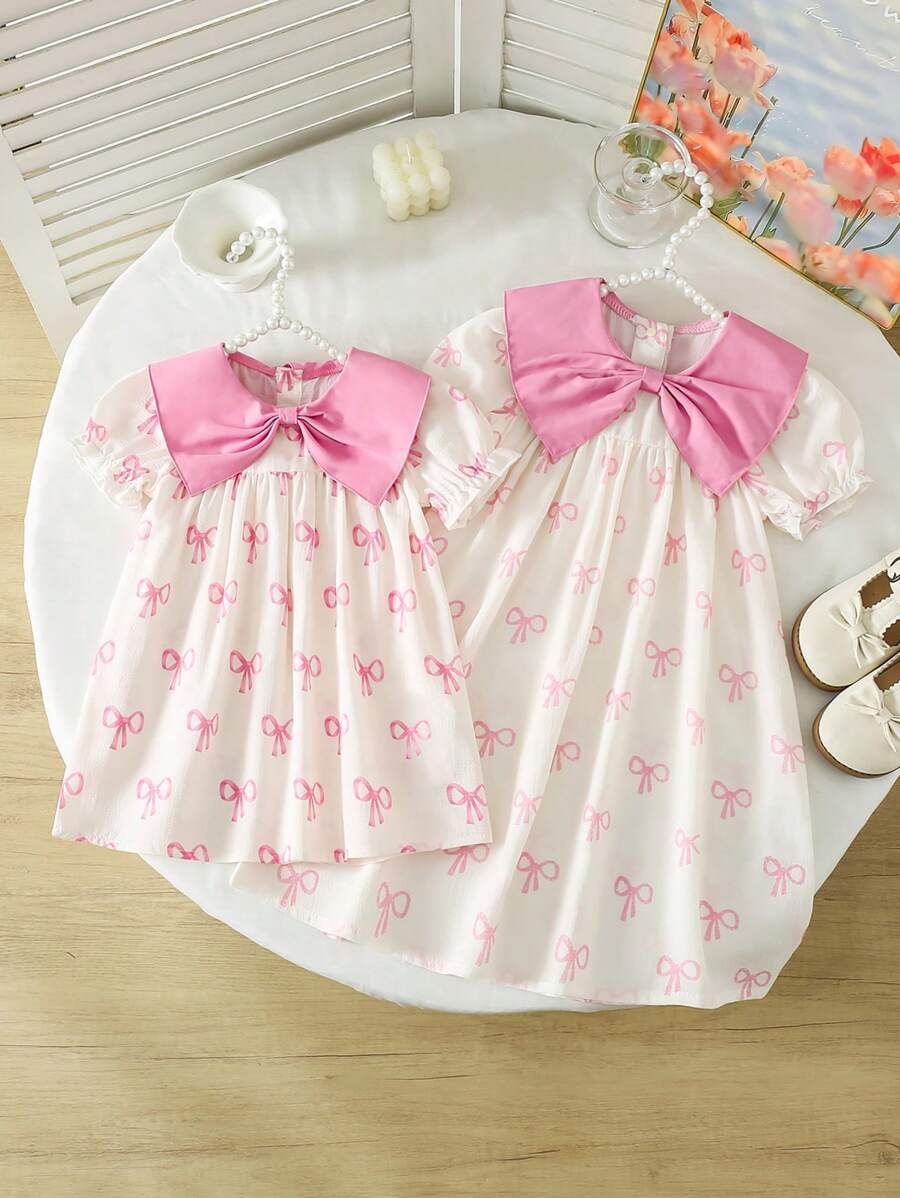 Genkimix Kids Young Girl 2025 Summer New Arrival Butterfly Print Bowknot Collar Ruffle Sleeve Casual Loose Fit Princess Dress Dresses With Bow For Girls - Pink - View 1