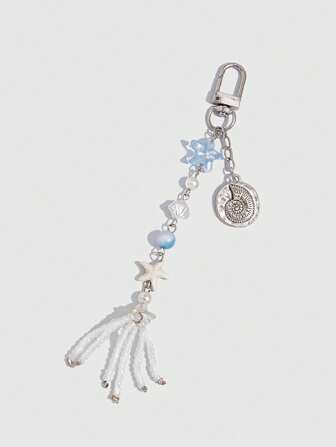 Fairycore Fashion Ocean Style Blue Keychain With Starfish, Shell, Beaded Tassel Decor, Bag Pendant, Phone Charm, Gift For Friends, Birthday Gift