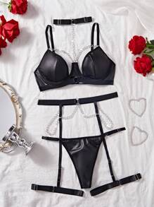 Goth Chain Linked Underwire Garter Lingerie Set With Choker For Rave - Black - View 7