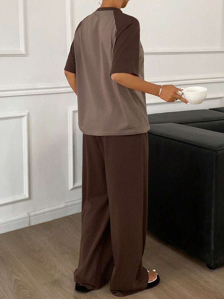 English Letter Print Loose Pajama Set With Short Sleeve Top And Long Pants, Summer Sleepwear For Women