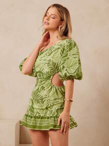 L'Amorae Vestito estivo da donna elegante con una spalla, maniche a sbuffo, apertura laterale, stampa verde tropicale sui bordi, adatto per outfit estivi, vacanze, compleanni, 4 luglio - Verde - Visualizzare 1