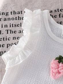 Conjunto de 2 piezas de top de tirantes con volantes de punto jacquard blanco y shorts con volantes rosas para niñas pequeñas, un look lindo y angelical para el verano - Rosa - Ver 3