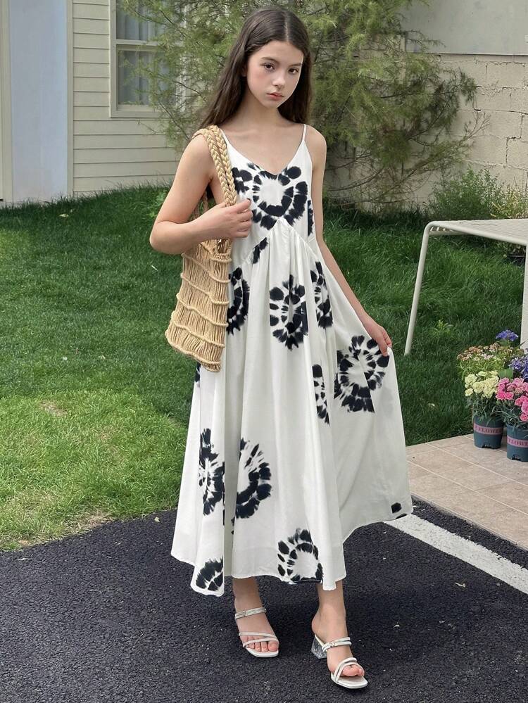 Teen Girl Tie-Dye Printed Casual Pleated Camisole Dress,Girls Summer Outfits,Back To School Clothes