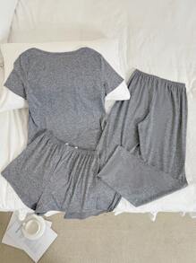 Cute Cat Print 3-Piece Pajama Set With Shorts - Black - View 7